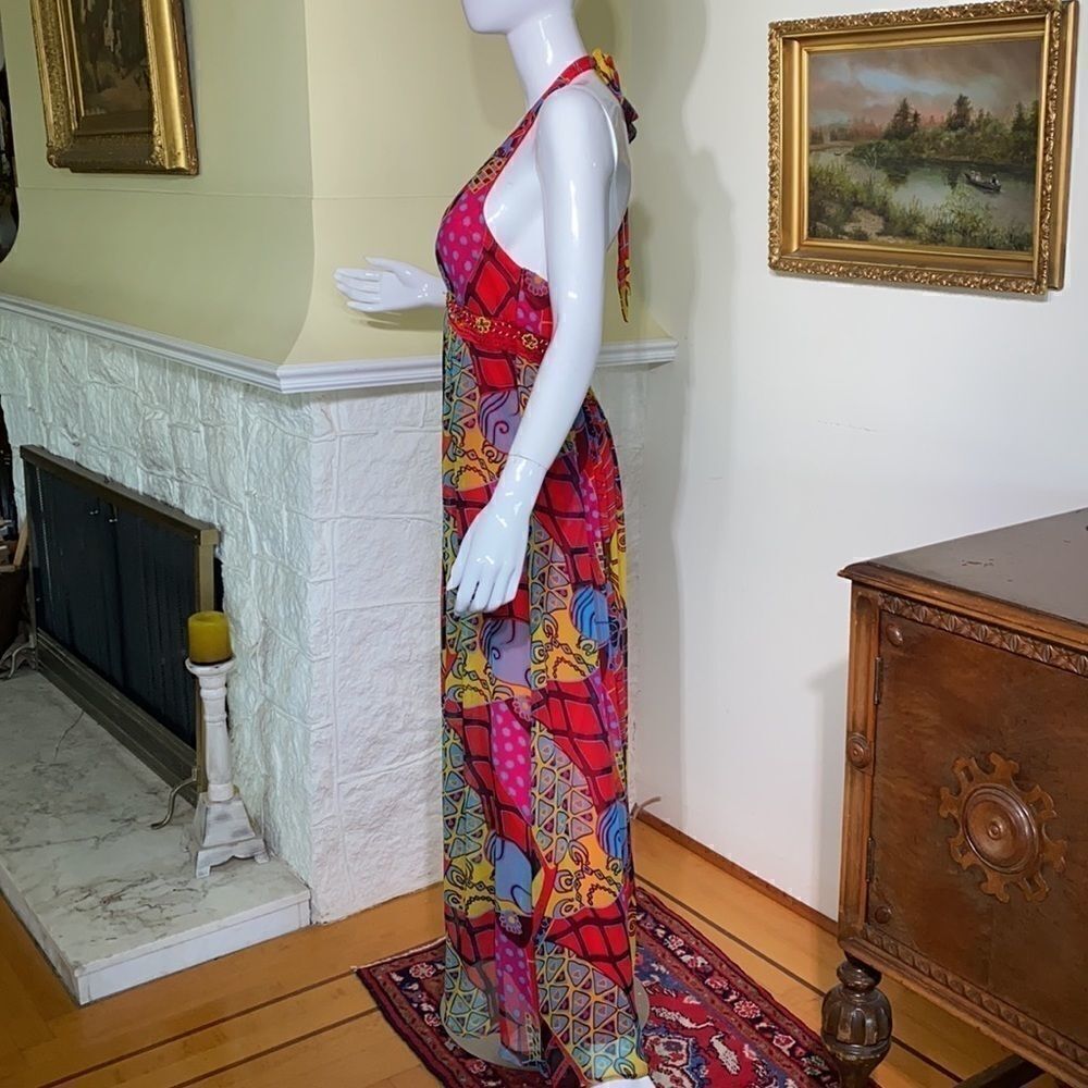 Sue Wong Beaded Printed Silk Chiffon Maxi Dress - Picture 9 of 15